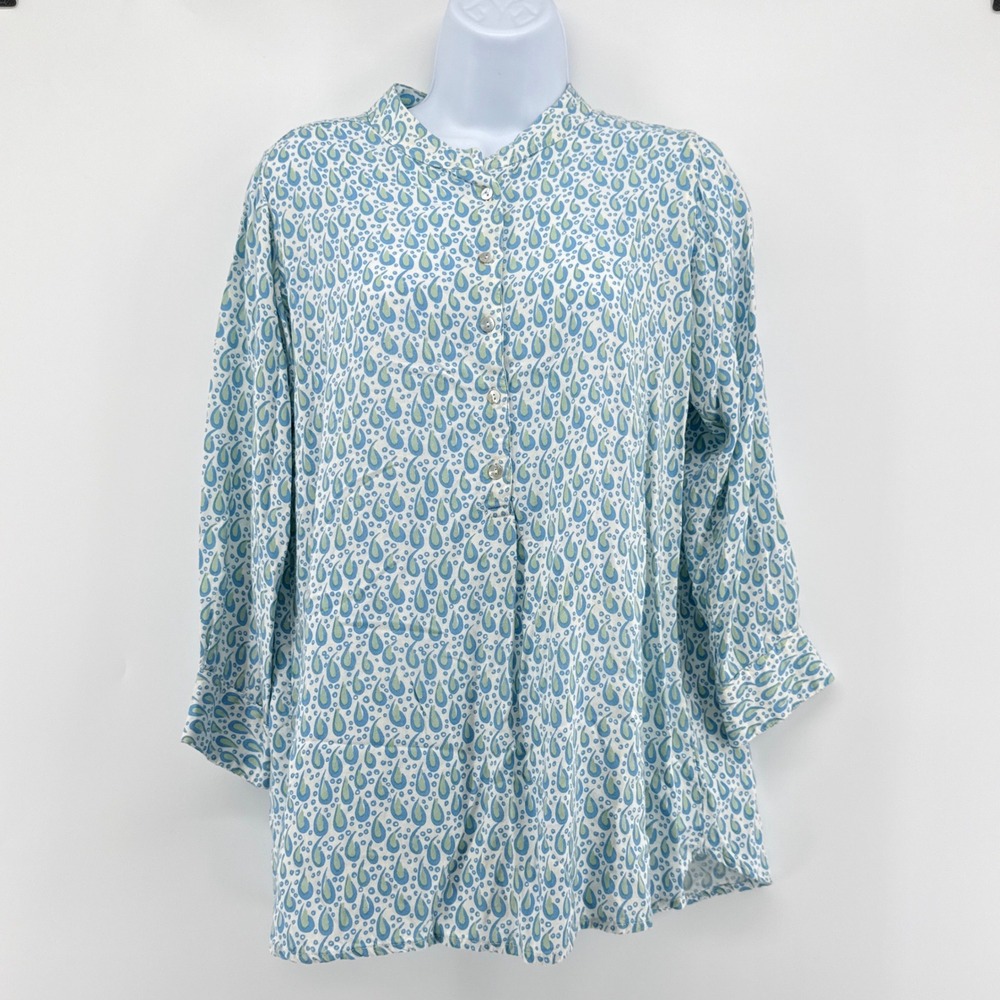 Rock Flower Paper Boho Paisley Print Tunic Blouse Shirt Blue Green Rayon Small